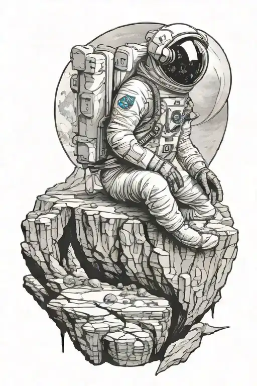 astronaut sitting on the edge of a cliff with a sorting hat in his hands and a stargate behind him tattoo design idea