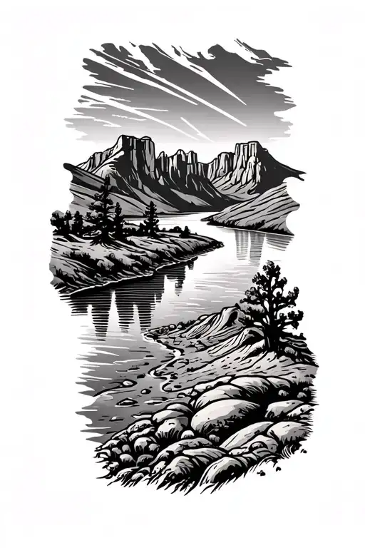 Colorado river landscape at the top running down to Arizona desert landscape at the bottom tattoo design idea