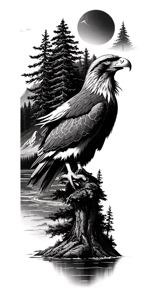 tall pine tree Forrest with mountains River and an eagle tattoo design idea