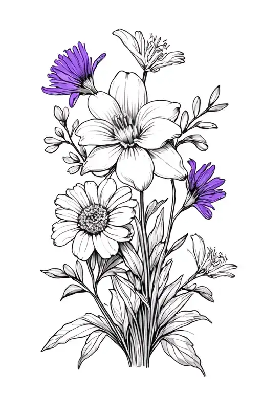 one violet flower, one honeysuckle flower, one marigold flower, and three paperwhite flowers in a tight bouquet  tattoo design idea