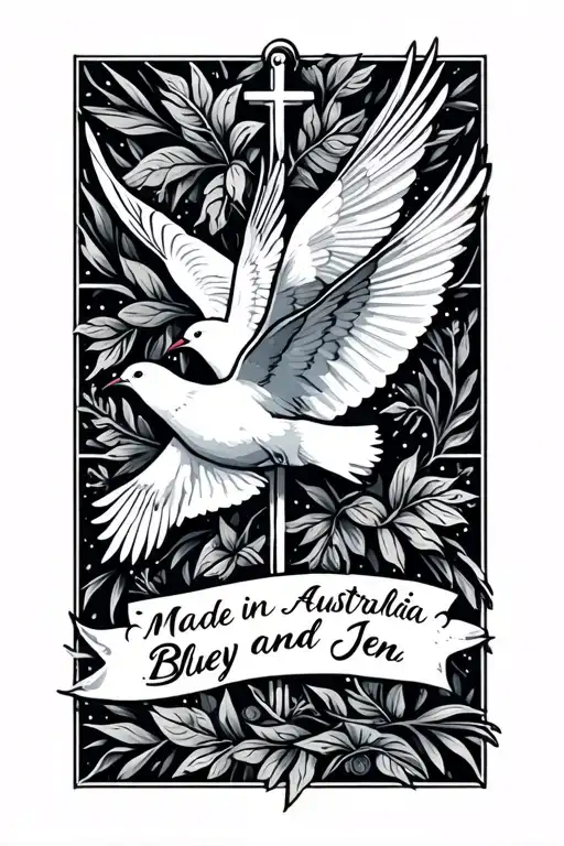 southern cross, doves, tag that says made in Australia, names of parents Bluey and Jen tattoo design idea