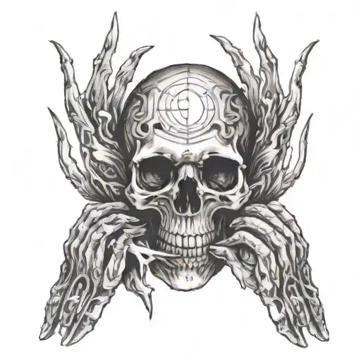 fallen angel eye with hands of adam surrounding, one hand a skull. Minimal line designs and include "momento Mori tattoo design idea