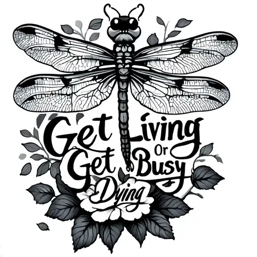 a dragonfly flying through the words Get Busy Living Or Get Busy Dying with rose petals  tattoo design idea