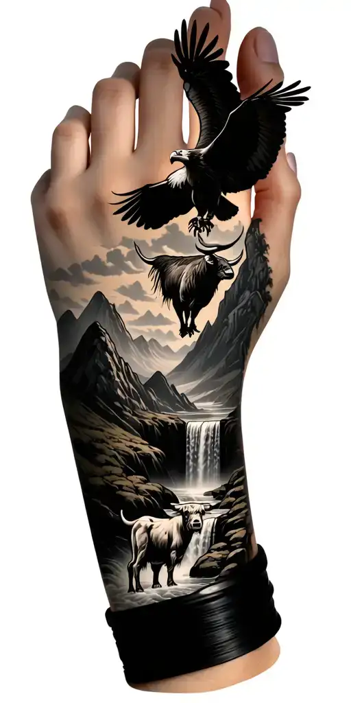 black band at the bottom of the wrist with an hawk flying and a highland cow waterfall and mountains  tattoo design idea