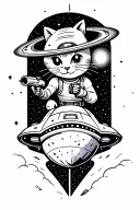 outer space theme. dark back ground.  Saturn, comet, space cat shooting a ray gun at a ufo while riding a space ship tattoo design idea
