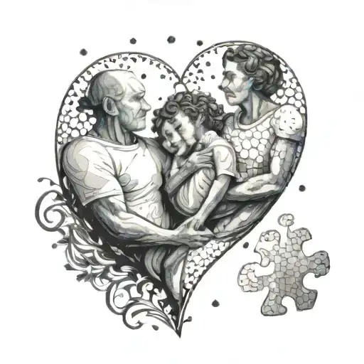 A heart-shaped puzzle with each piece representing a family member fitting together perfectly tattoo design idea