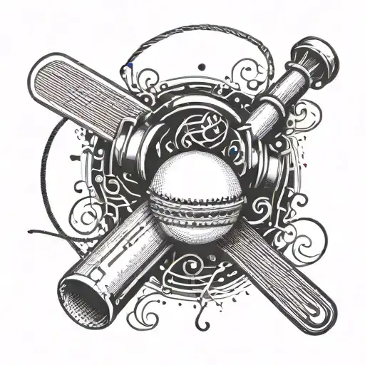A cricket bat and ball intertwined with musical notes and headphones tattoo design idea