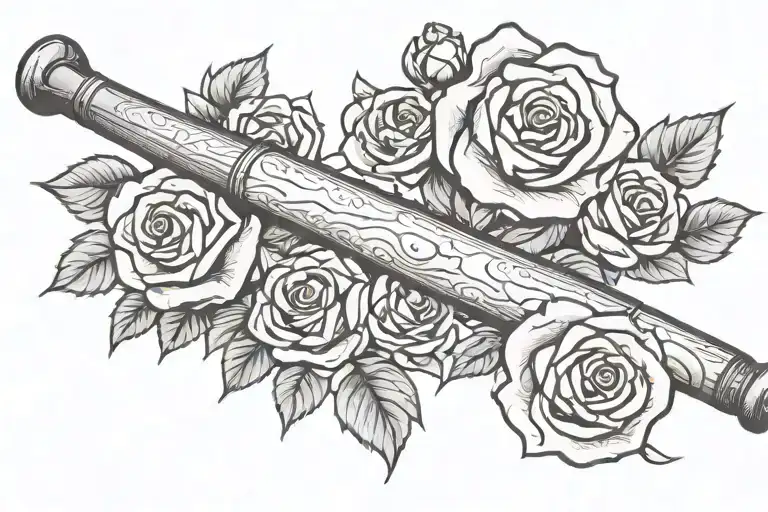 baseball bat with roses wrapped tattoo design idea