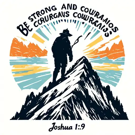 Illustrate a silhouette of a retired individual standing on a mountain peak, with the words 'Be strong and courageous' from Joshua 1:9 tattoo design idea