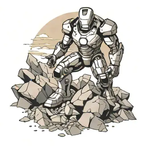 iron man standing on pile of rubble tattoo design idea