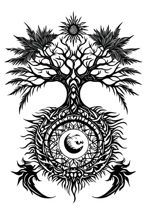 tribal design including army elements, tree of life, dna strand, goddess sun and moon in cente, dragon, hawaiian islands tattoo design idea