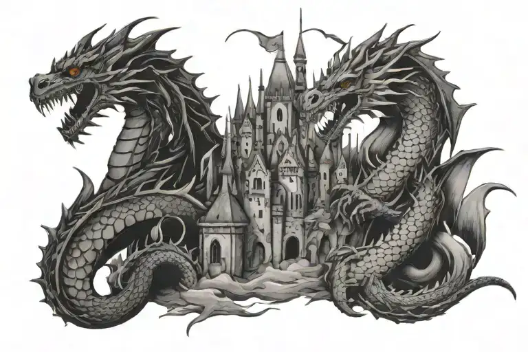 three dragons around castle and king crown tattoo design idea