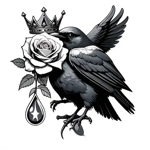 crow wearing crown holding rose with a wishbone and a teardrop with a star in it tattoo design idea