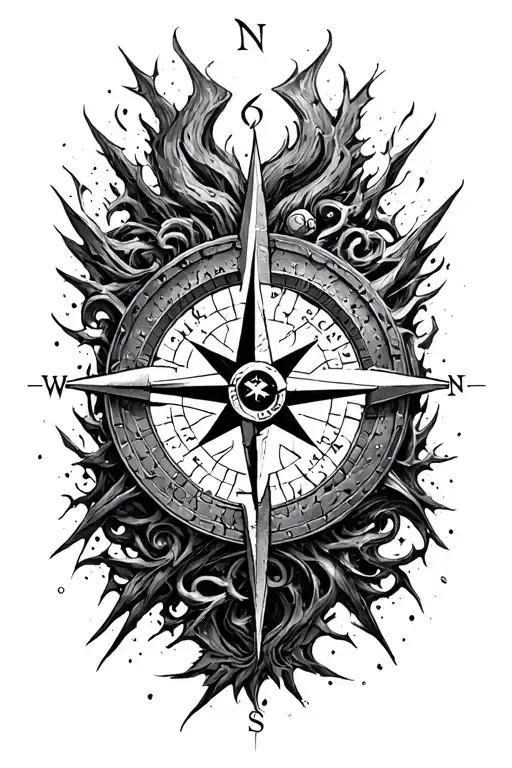 broken compass rose with intricate details surrounded by chaos tattoo design idea