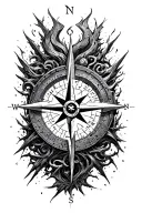 broken compass rose with intricate details surrounded by chaos tattoo design idea