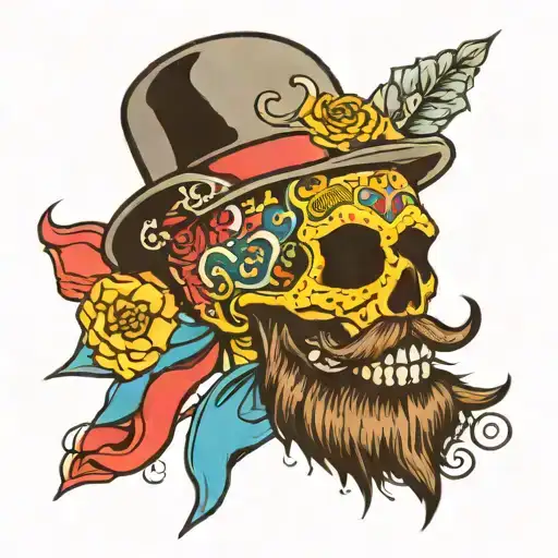 candy skull with nuclear power baseball cigar mustache and beard  tattoo design idea