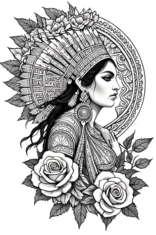 Aztec goddess of beauty meets realism style tattoo with roses around her in a circle with her facing the front tattoo design idea