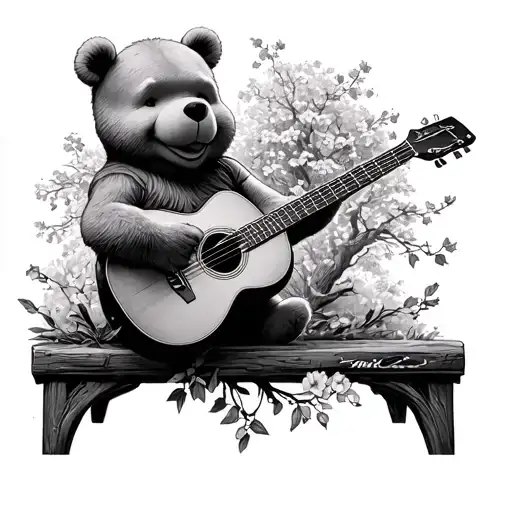 pooh bear guitar trees blossoms tattoo design idea