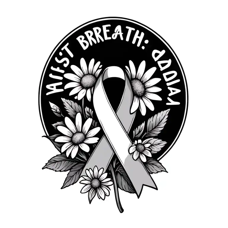 lung cancer ribbon with Daisy flowers and says just breath daddy tattoo design idea