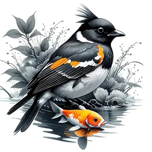 American Robin and koi fish swimming tattoo design idea