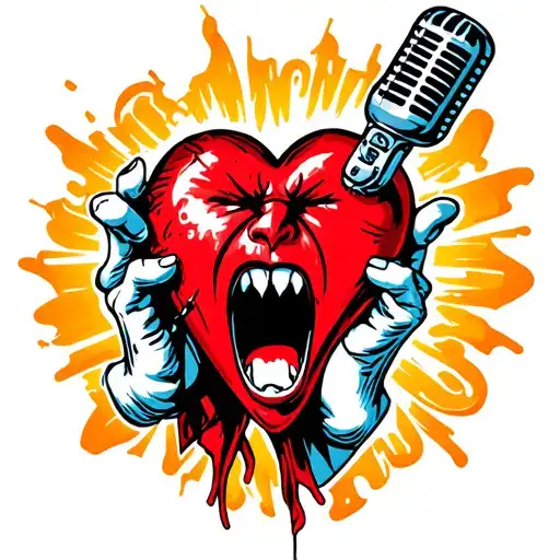 Molotov cocktail heart with a mouth and arms screaming into a microphone  tattoo design idea