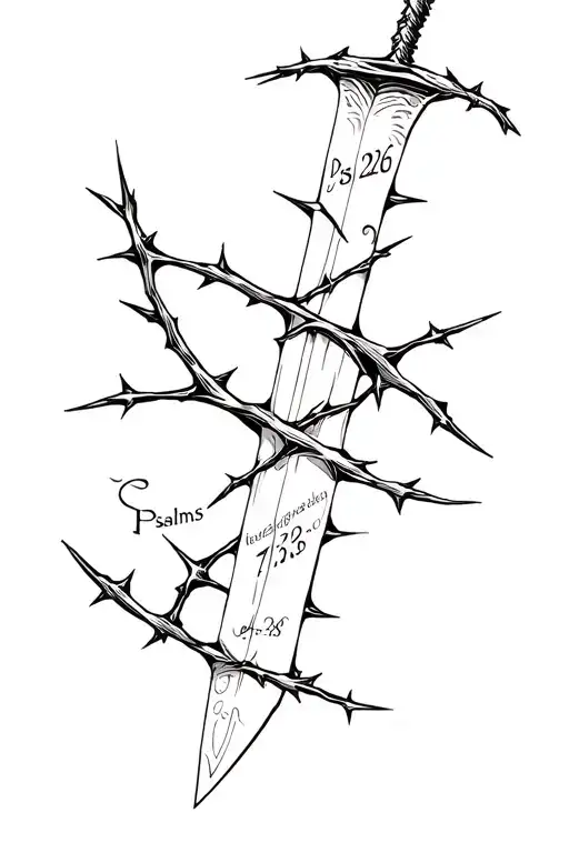 broken sword wrapped in thorns with Psalms 73:26 on the blade tattoo design idea