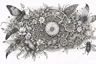 An architecturally inspired design featuring a mix of animals and insects in a dotwork style tattoo design idea