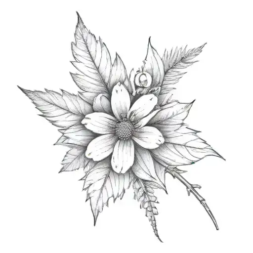 fine line tattoo with a daisy flower, a cherry blossom flower, a silver fern and a maple leaf tattoo design idea