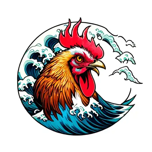 rooster head inside wave forming the letter C tattoo design idea