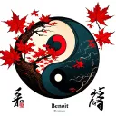 Japan Maple Tree Red Leaf, Yin Yang with Benoit name in Japanese characters tattoo design idea