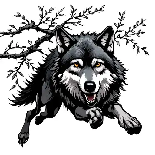 wolf running willow tree branch tattoo design idea