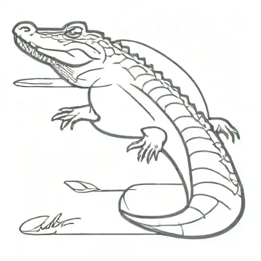 Very simple fine line tattoo of a top view of an alligator swimming, make the body kind of curving but not too much.  tattoo design idea