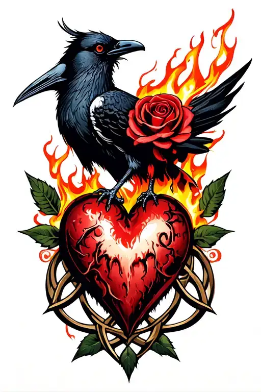 crow rose and firey heart celtic tattoo design idea