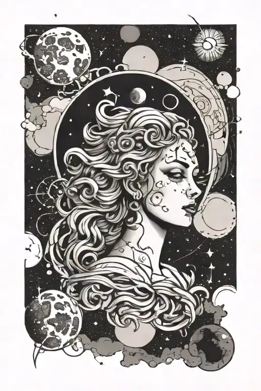 The planet Venus is in front of a full moon, surrounded by traces of constellations  tattoo design idea