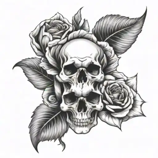 rose with patels flying out of it and the skull undet the rose, the skull is smaller than  rose and is under an angle tattoo design idea
