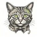 tabby cat (black, grey, brown) green eyes, black moustaches tattoo design idea