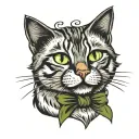 tabby cat (black, grey, brown) green eyes, black moustaches tattoo design idea