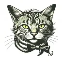 tabby cat (black, grey, brown) green eyes, black moustaches tattoo design idea