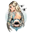 blonde woman without tattoos with ass out with shark crab and bees tattoo design idea