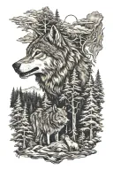 wolf in howling forest scene tattoo design idea