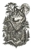 wolf in howling forest scene tattoo design idea