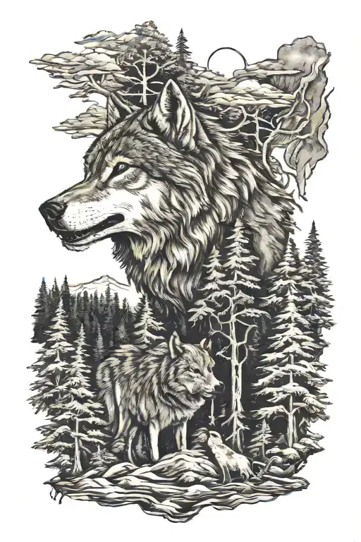wolf in howling forest scene tattoo design idea