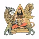 god ra commands punishment and from him down the pyramid runs a naked girl from him threads stretch from the girl to god tattoo design idea