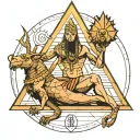 god ra commands punishment and from him down the pyramid runs a naked girl from him threads stretch from the girl to god tattoo design idea