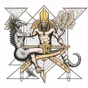 god ra commands punishment and from him down the pyramid runs a naked girl from him threads stretch from the girl to god tattoo design idea
