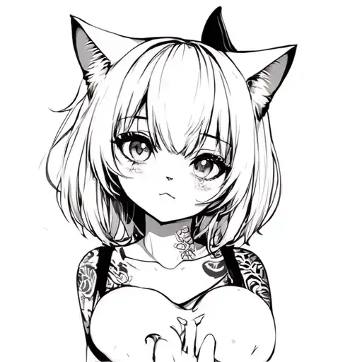 Neko Anime Girl with tattoopen. only black Lines.  tattoo design idea