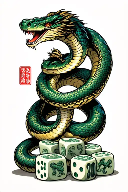 Big Snake wraping around dice, surrounded by money tattoo design idea