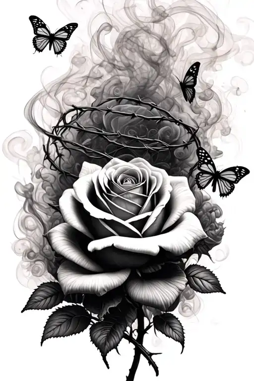 swirling smoke in shape of roses, and barbed wire with butterflies tattoo design idea