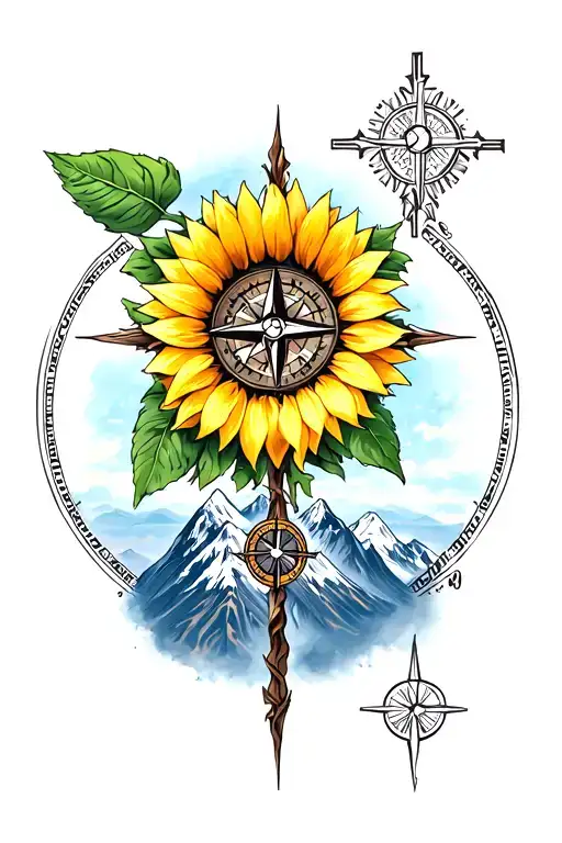 mountains, sunflower, compass, cross tattoo tattoo design idea