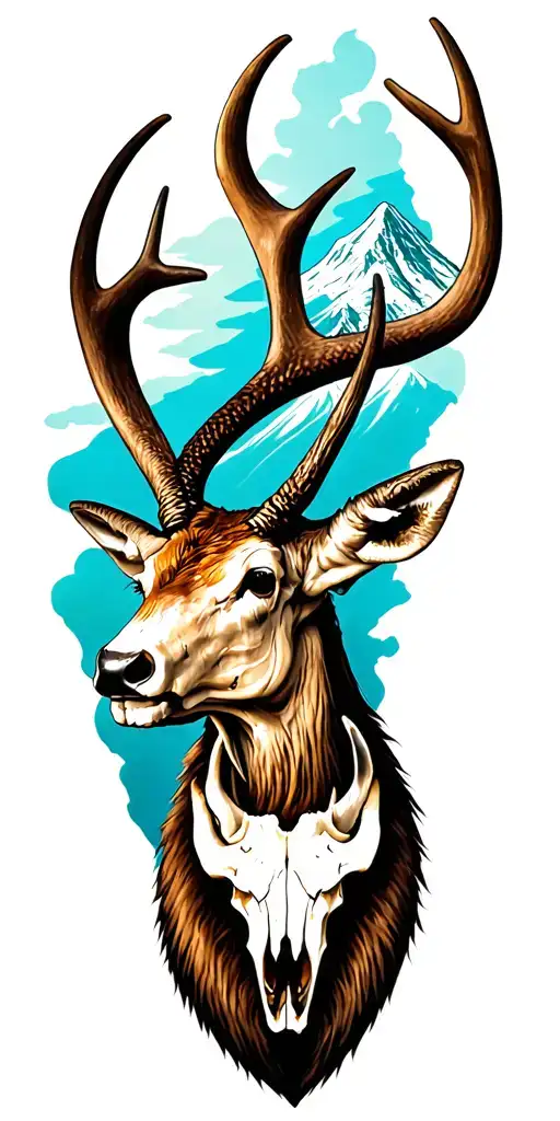 a story tattoo with images utilizing a jackalope, Texas longhorn skull, douglas furs and mount hood tattoo design idea